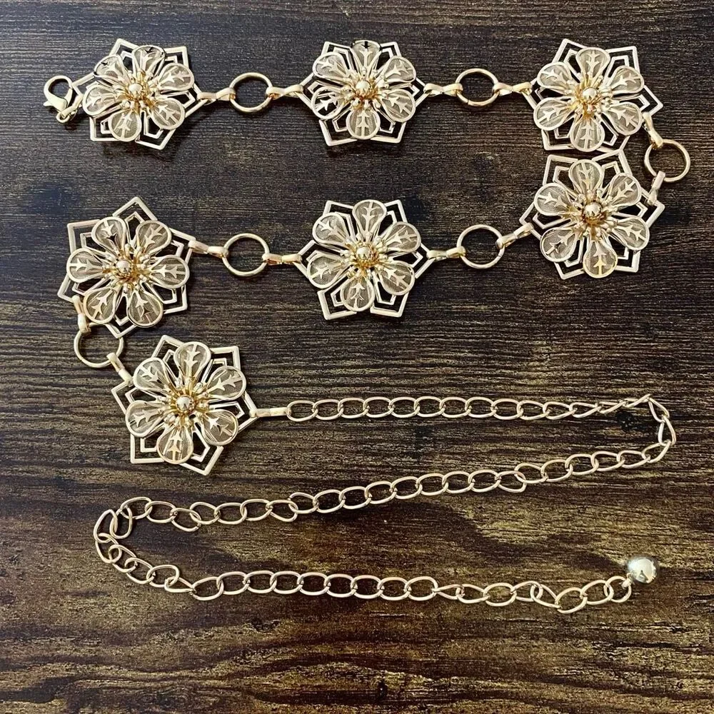Gold Y2K Star Flower Open Ring Waist Chain Belt, Fits 23-41 Inches, X7GA1357